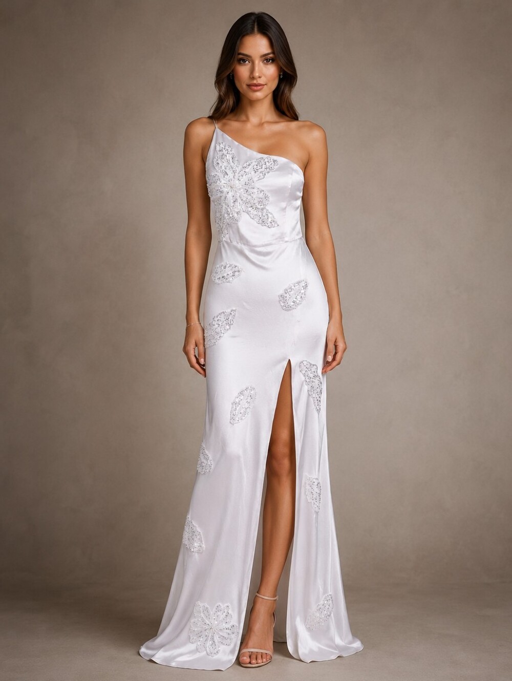 Ivory Beaded SAU LEE Dress, One Shoulder Refashioned Bridal Event Gown